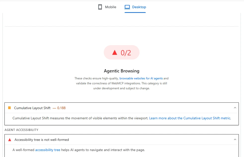 نمره 0 از 2 در تست Agentic browsing در سایت pagespeed insights